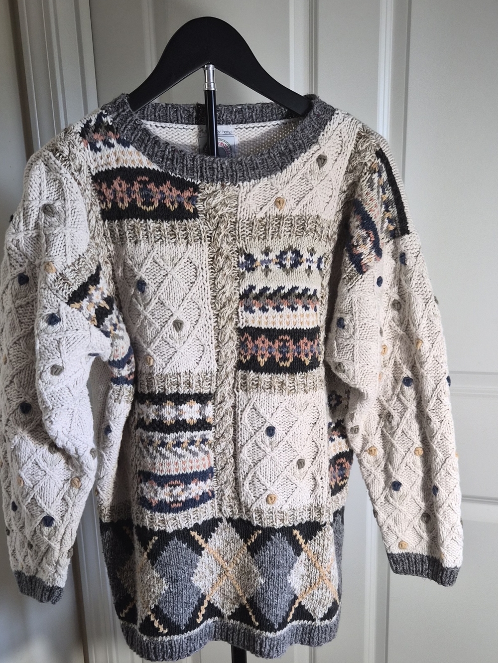 Cream Patchwork Cable Knit Sweater with Multicolor Fair Isle Accents By Hand